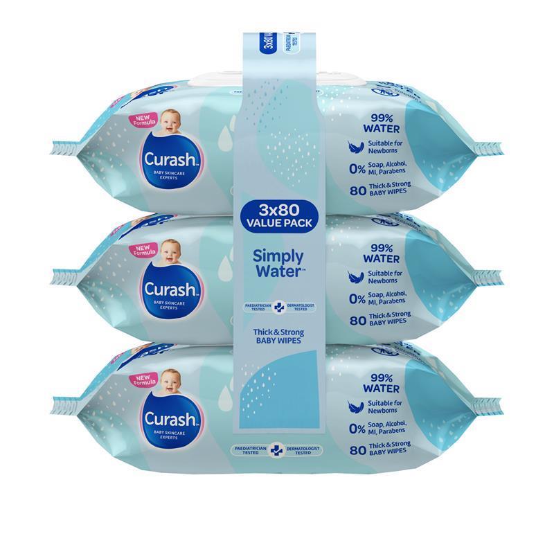 Curash Simply Water Wipes 3 x 80 Pack chính hãng Úc
