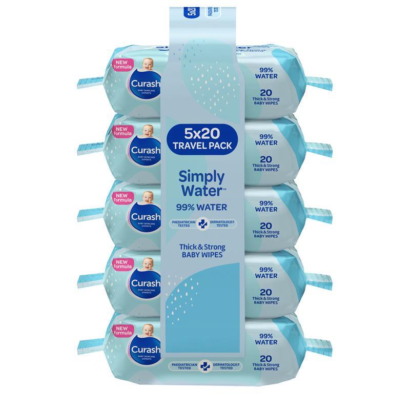 Curash Baby Travel Water Wipes 5 x 20 Pack chính hãng Úc