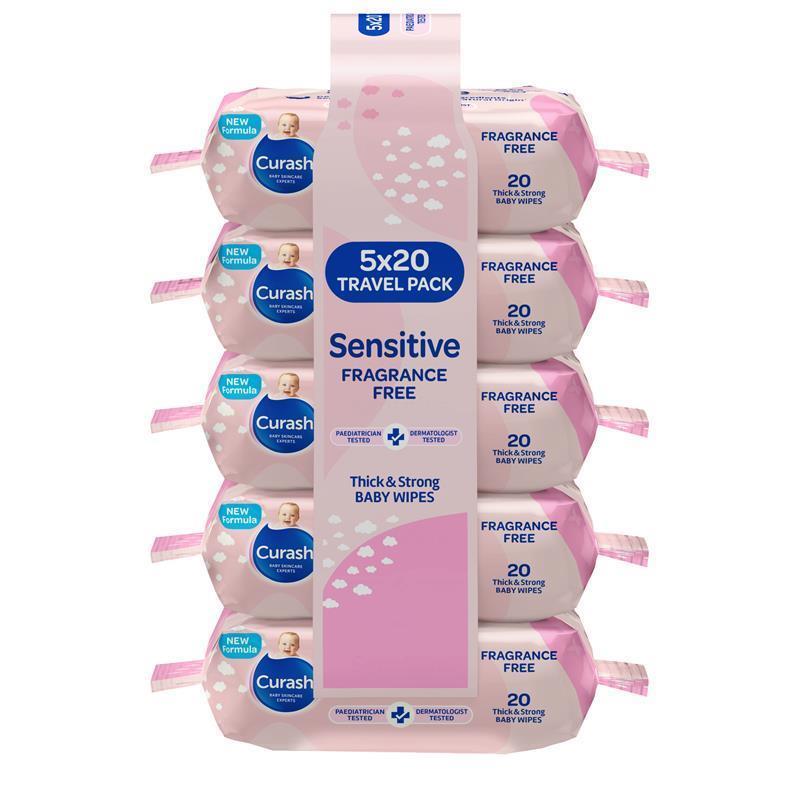 Curash Baby Sensitive Travel Wipes 5 x 20 Pack chính hãng Úc