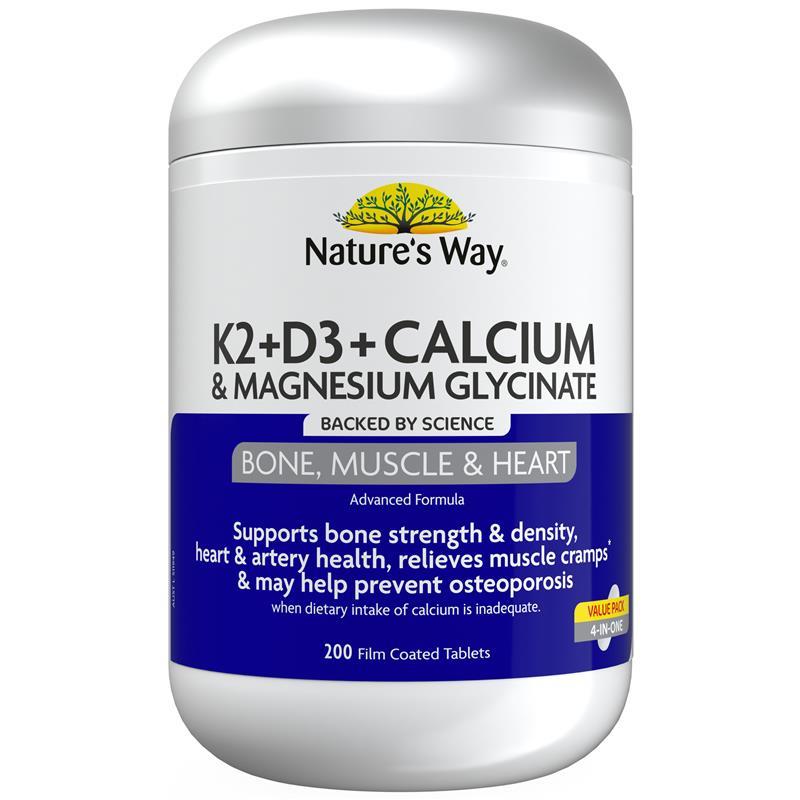 Nature's Way K2+D3 & Calcium + Magnesium Glycinate 200 Tablets Exclusive Size chính hãng Úc