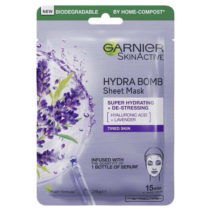 Garnier Hydra Bomb Hyaluronic Acid + Lavender Sheet Mask chính hãng Úc