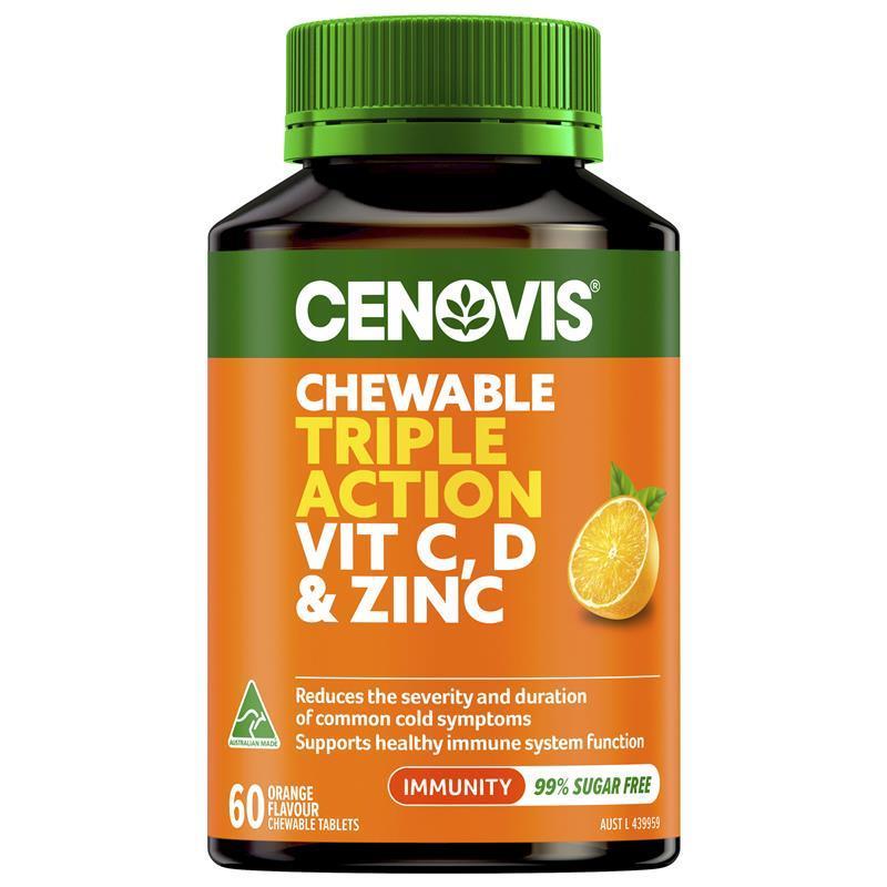 Cenovis Triple Action Vit C D & Zinc 60 Chewable Tablets chính hãng Úc
