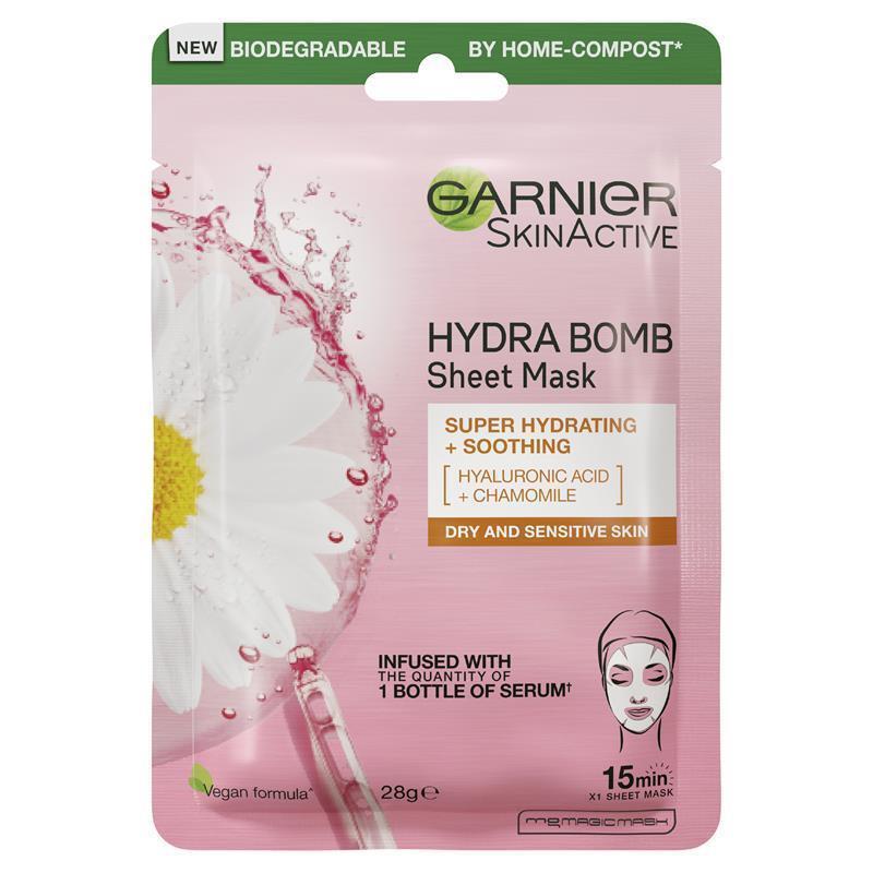Garnier Hydra Bomb Hyaluronic Acid + Chamomile Sheet Mask chính hãng Úc