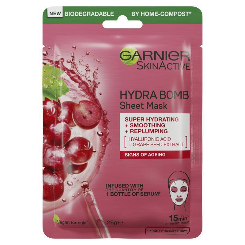Garnier Hydra Bomb Hyaluronic Acid + Grape Seed Anti Ageing Sheet Mask chính hãng Úc