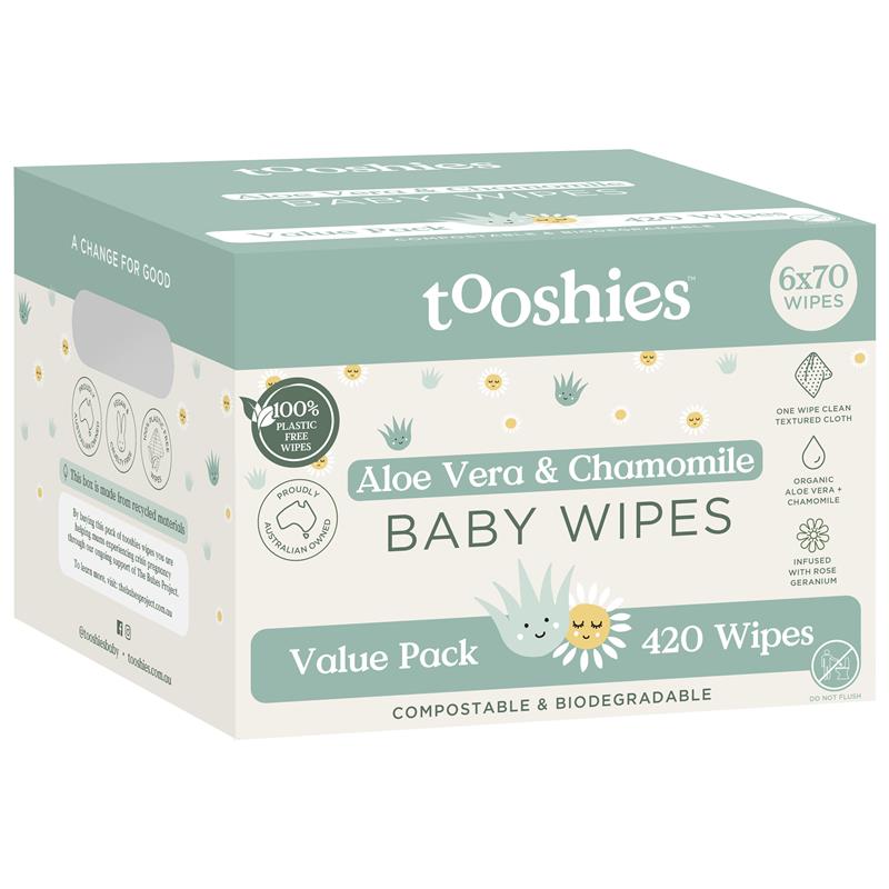 Tooshies Baby Wipes Aloe Vera and Chamomile 6 x 70 Pack chính hãng Úc