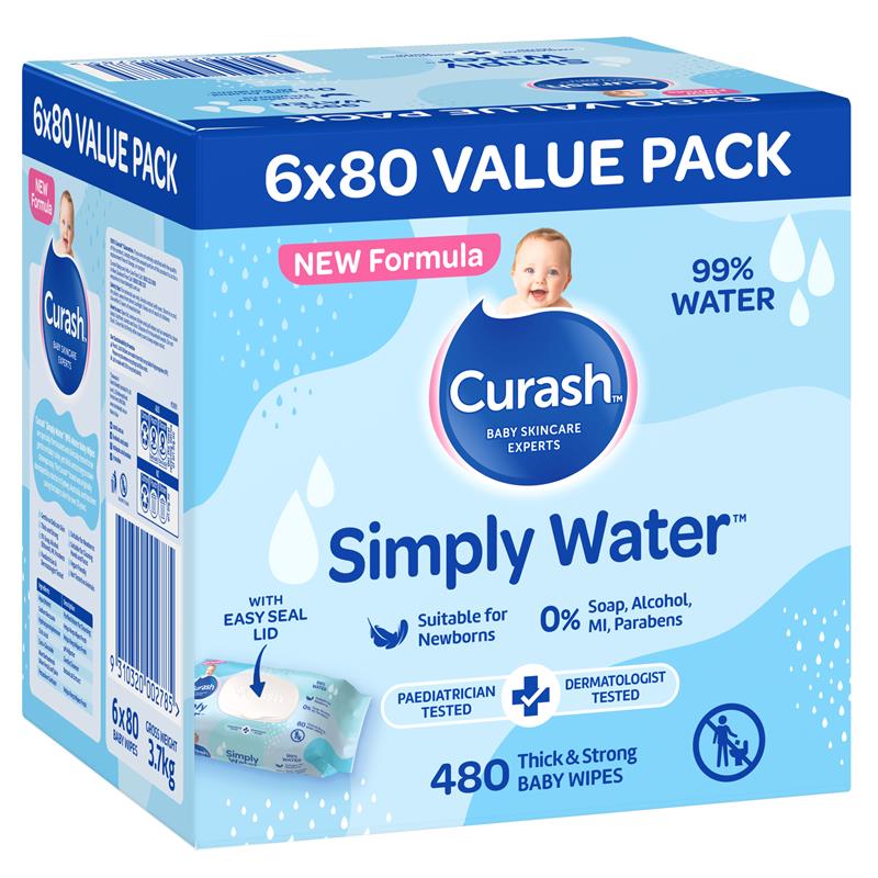 Curash Simply Water Wipes 6 x 80 Pack chính hãng Úc