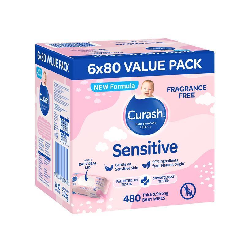 Curash Baby Sensitive Wipes 6 x 80 Value Pack chính hãng Úc