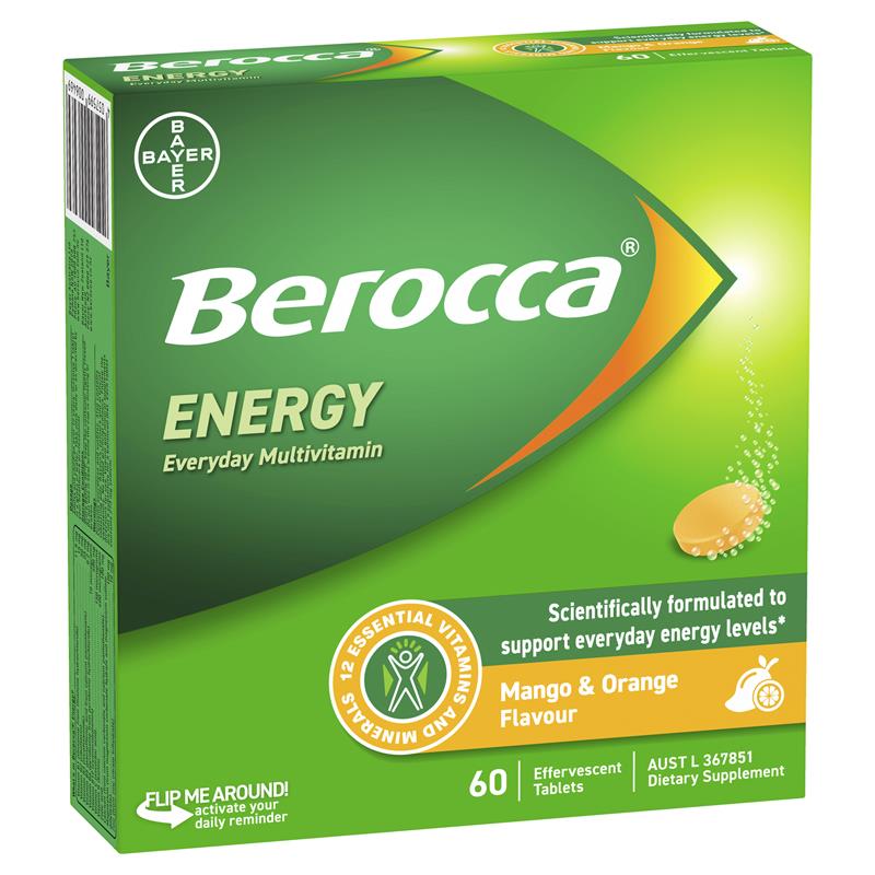 Berocca Energy Mango And Orange 60 Effervescent Tablets Exclusive Size chính hãng Úc