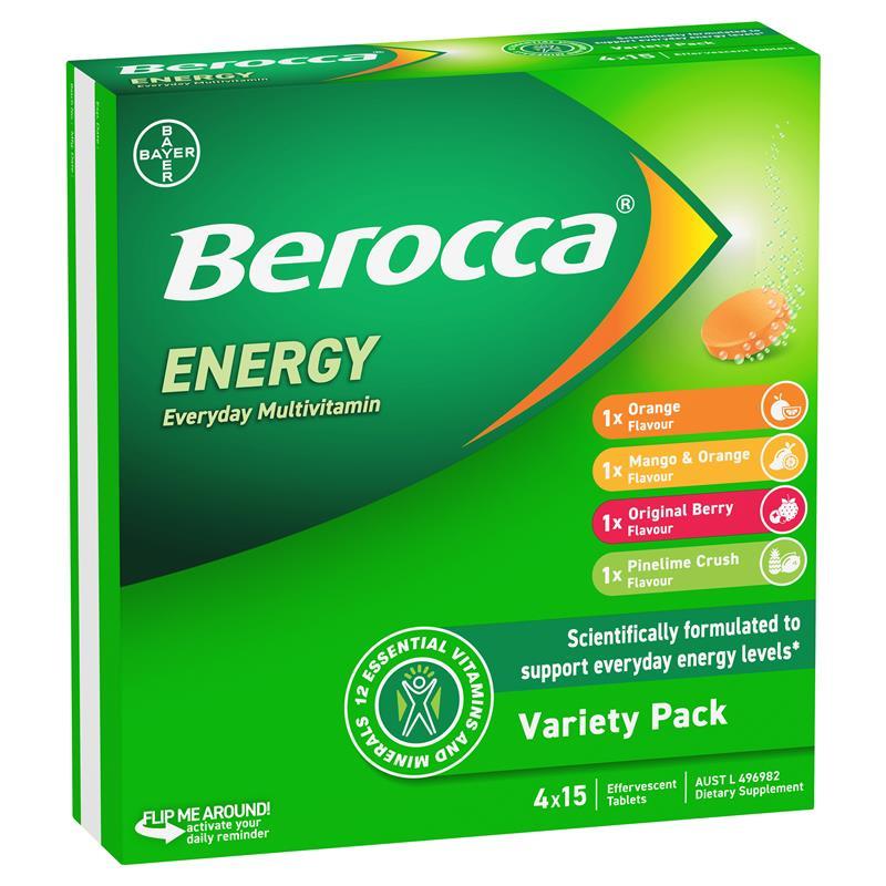 Berocca Energy 60 Effervescent Tablets 4 x 15 Variety Exclusive Pack chính hãng Úc