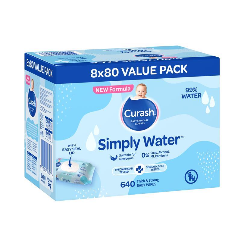 Curash Simply Water Wipes 8x80 Pack chính hãng Úc