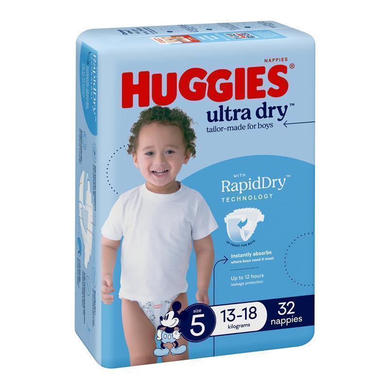 Huggies Ultra Dry Nappies Size 5 Boy 13-18kg Bulk 32 Pack chính hãng Úc