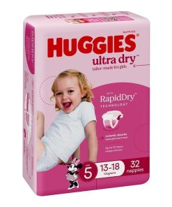 Huggies Ultra Dry Nappies Size 5 Girl 13-18kg Bulk 32 Pack chính hãng Úc