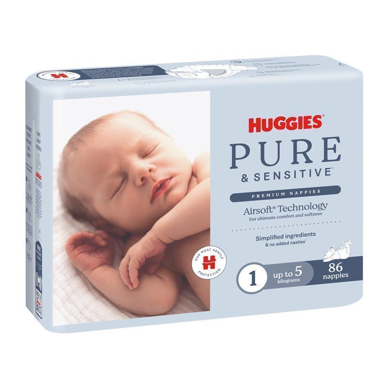 Huggies Pure and Sensitive Nappies Size 1 (Up To 5Kg) 86 Pack chính hãng Úc