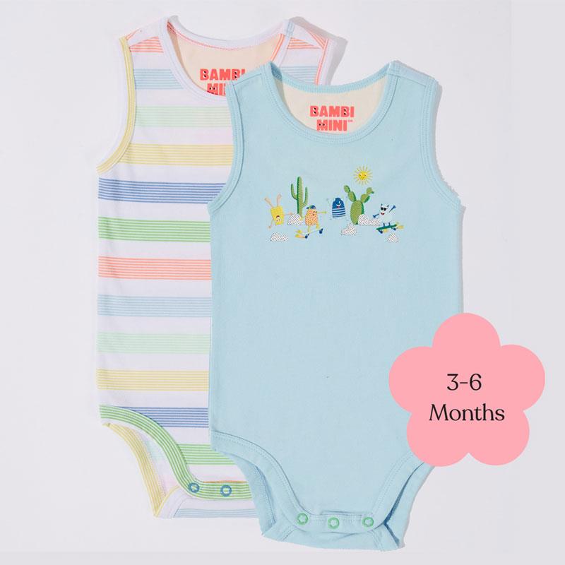 Bambi Mini Co. Supersinglet Bodysuit 3-6 Months Crystal Blue and Stripes 2 Pack chính hãng Úc
