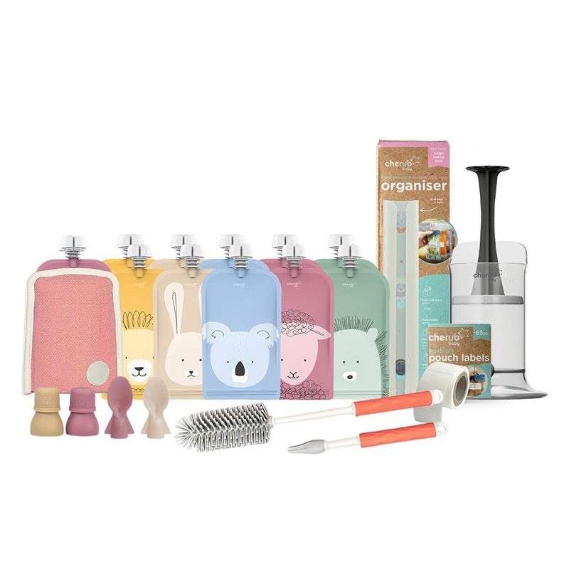 Cherub Baby On the Go Reusable Food Pouches | Bundle Kit | Dusty Rose & Sand Pack chính hãng Úc